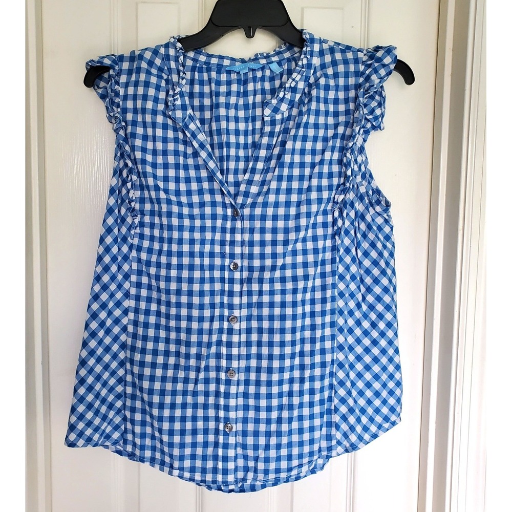 raper James Blue Gingham Ruffle Sleeve Button Down Blouse Top XL Cotton Modal